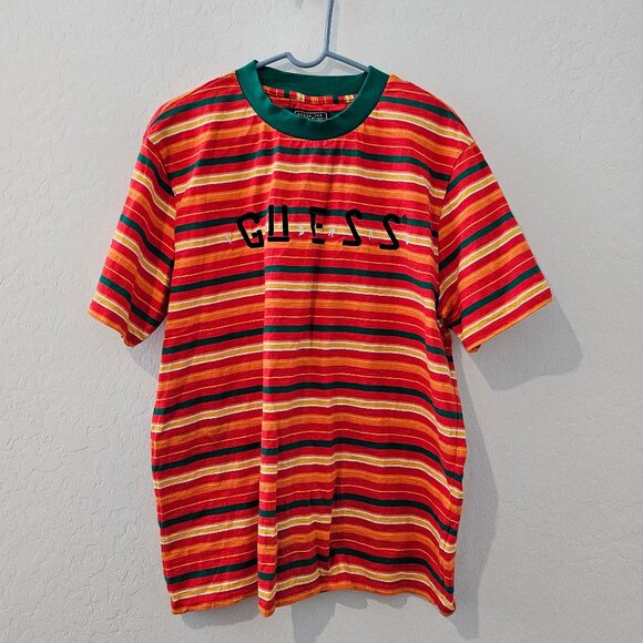Men's GUESS x JBalvin Vibras Collection Striped Colorful Ringer T-shirt Retro MD - Picture 1 of 8
